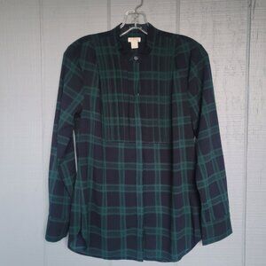 J.Crew Women's Navy-Green Plaid Pattern Long-Sleeve Popover Shirt-Blouse Size XS